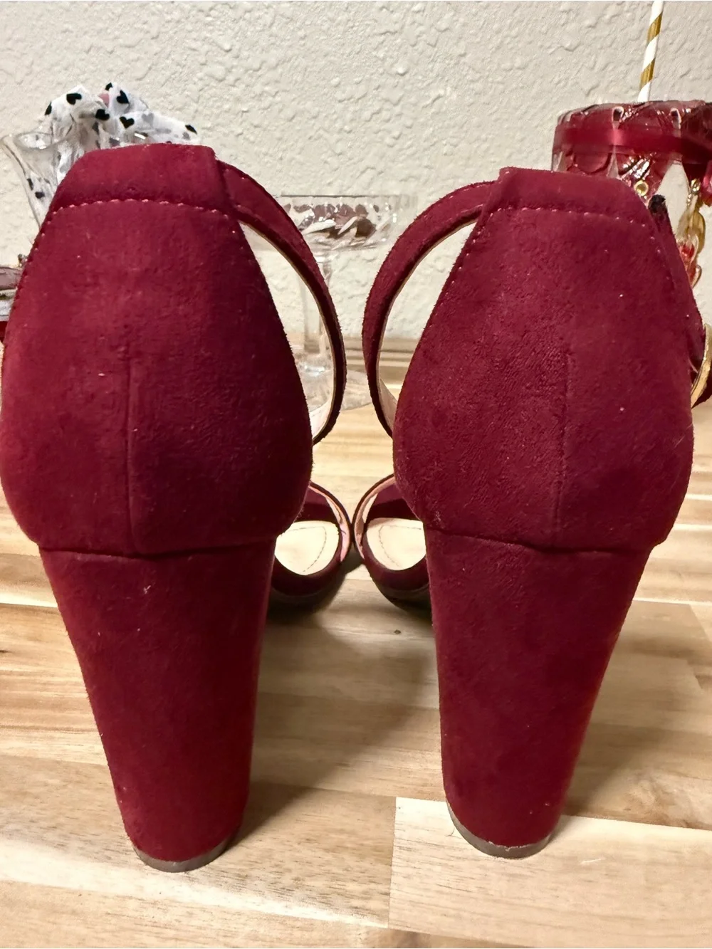 BAMBOO Burgundy Suede Block Heel Ankle Strap Sandal
